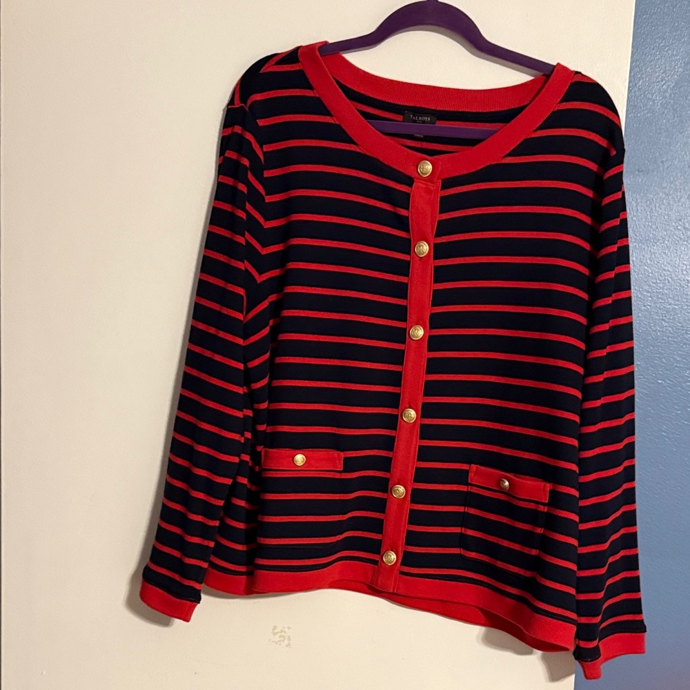 Talbots Red and Navy Striped Cardigan
